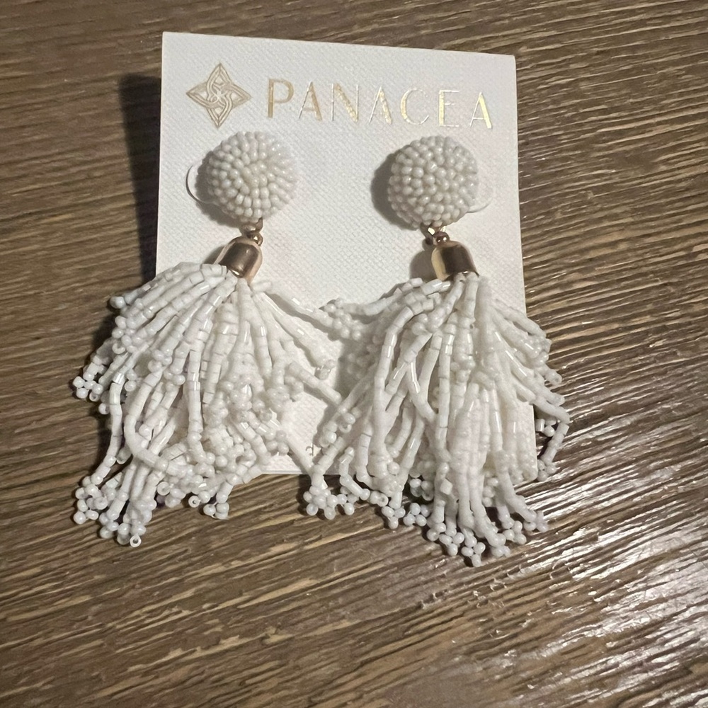New Panacea white beaded tassel earrings
